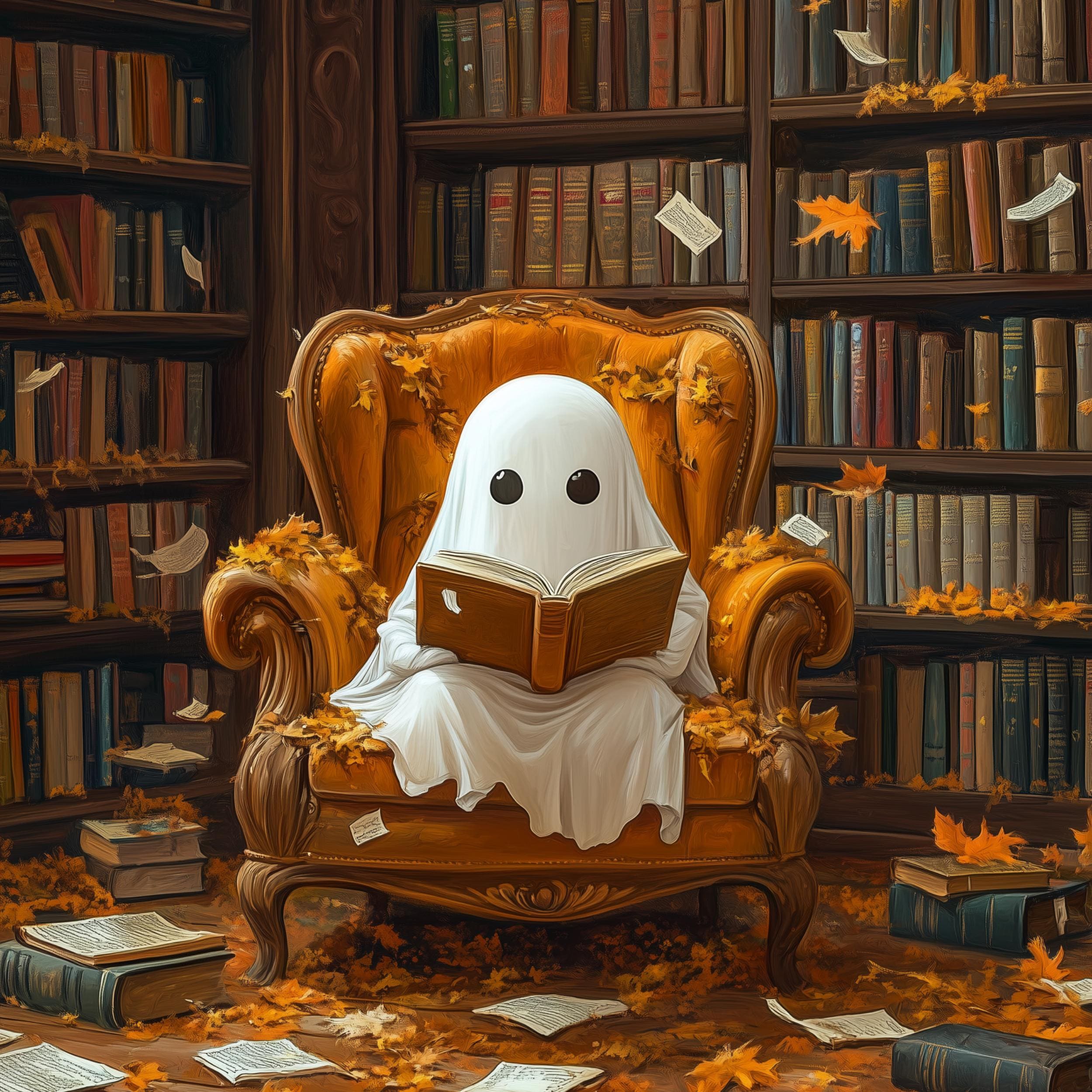Cute Halloween Ghost Reading a Book, Whimsical Halloween Ghost Wall Art ...