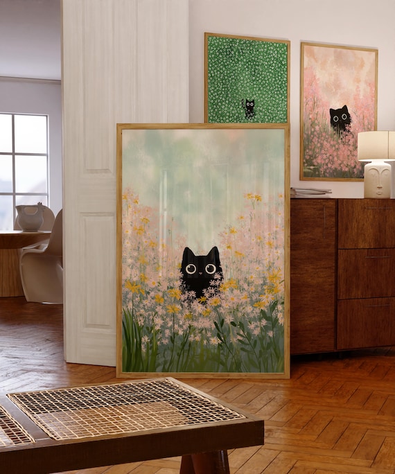 Black Cat Wall Art, Whimsical Cat in Floral Field, Kawaii Black Cat Art Print, Digital Download, Cute Black Cat Art, Whimsical Animal Art