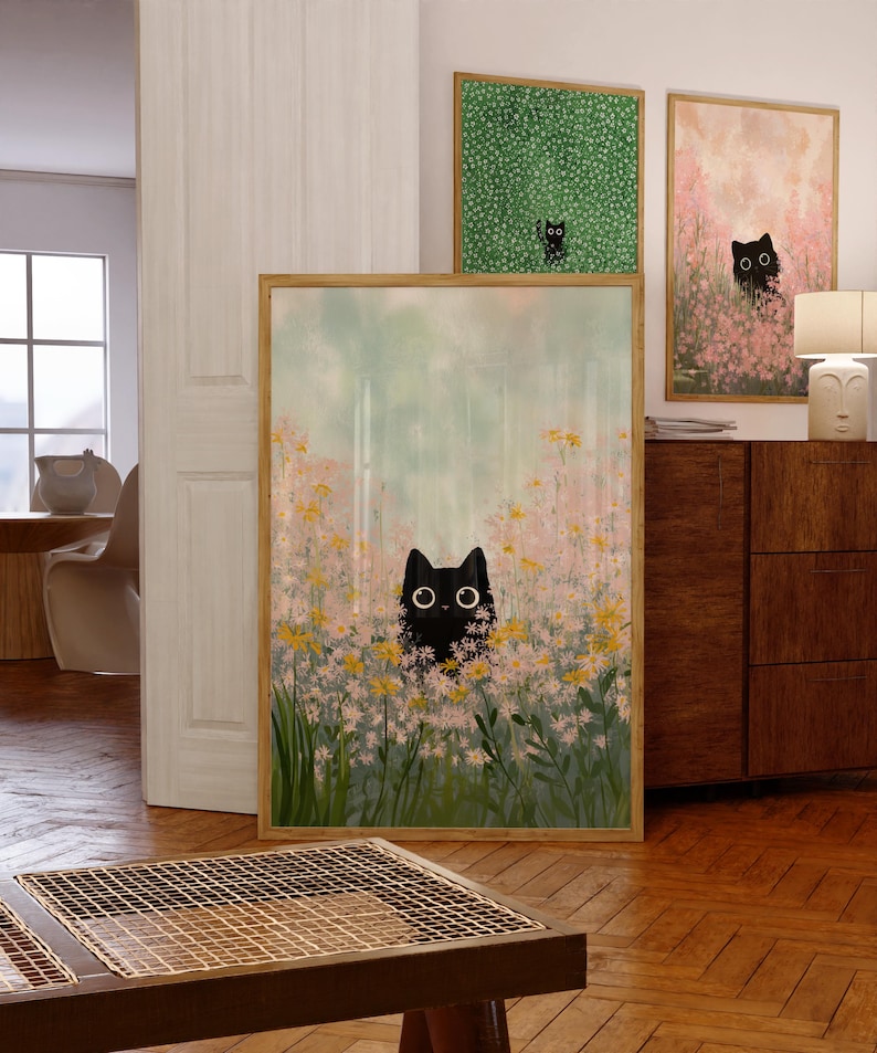 black cat in flower field