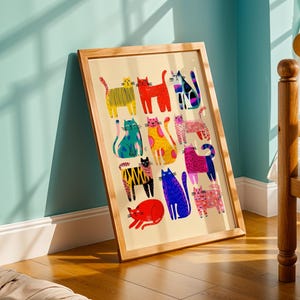 Whimsical feline wall poster with abstract cat artwork