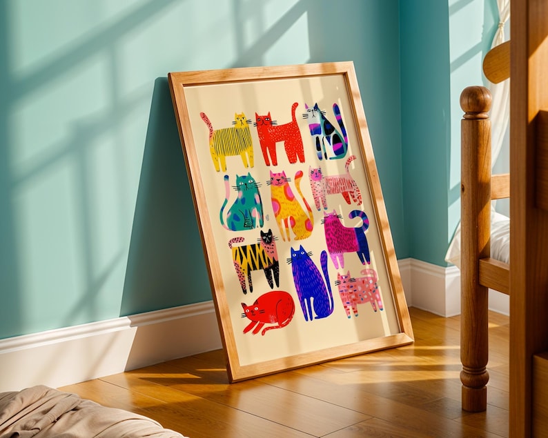 Whimsical feline wall poster with abstract cat artwork