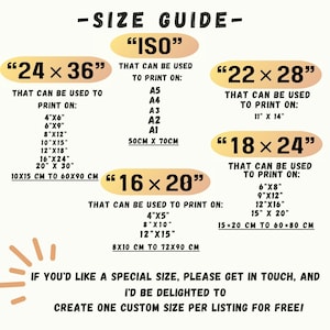 May include: A size guide for printable art prints. The guide shows different print sizes in inches and centimeters, including "24 x 36", "22 x 28", "18 x 24", and "16 x 20". The guide also includes standard paper sizes like A5, A4, A3, A2, and A1.