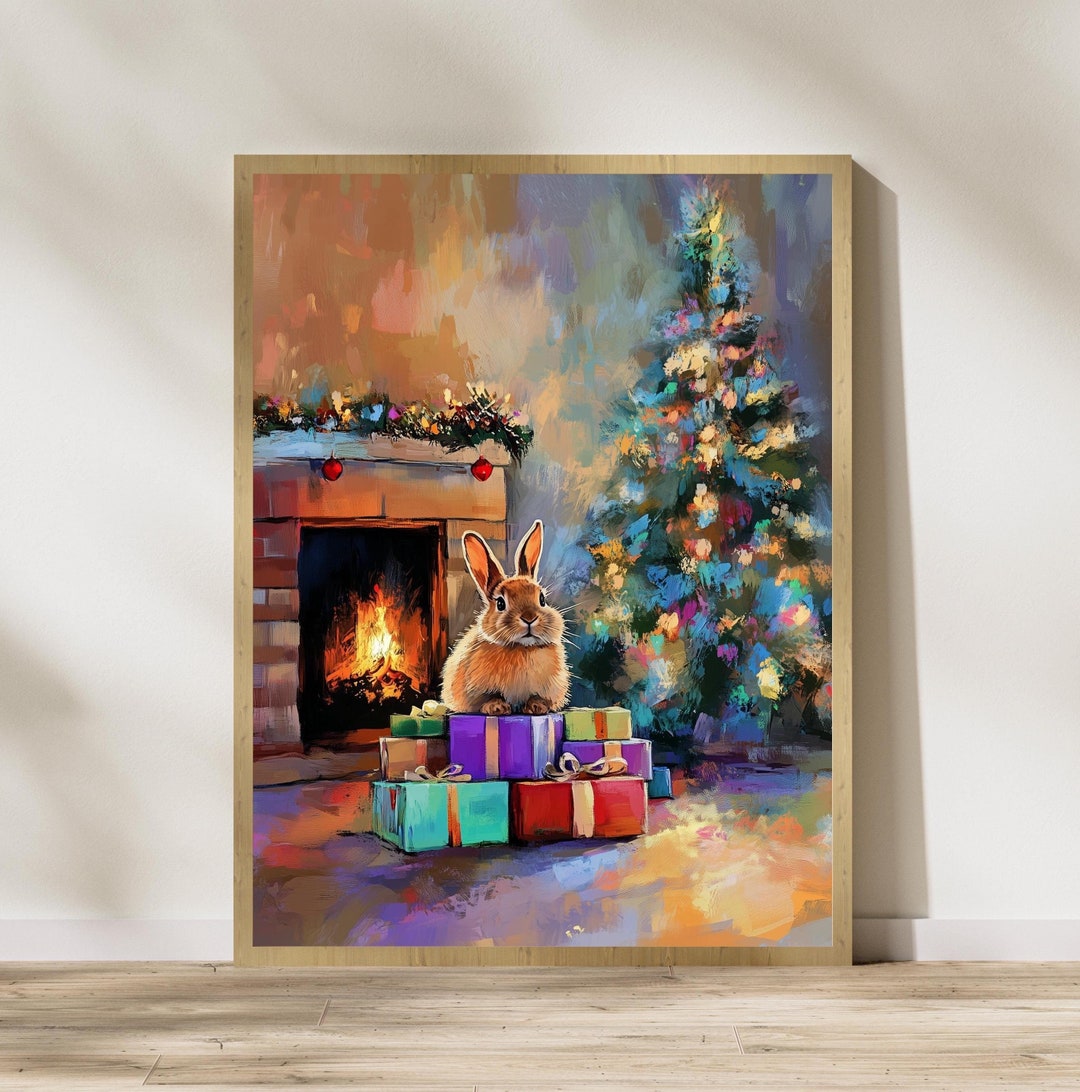 Cute Bunny Christmas Art, Festive Animal Art, Rabbit Christmas Art ...