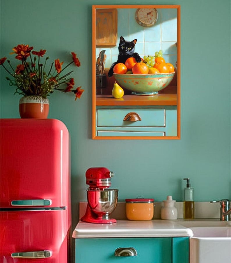 Black Cat With Fruit Bowl Painting, Playful Kitchen Wall Art, Orange