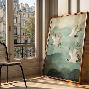 Japandi home decor featuring graceful cranes in flight