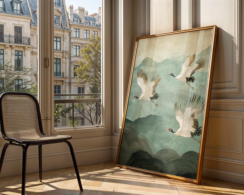 Japandi home decor featuring graceful cranes in flight