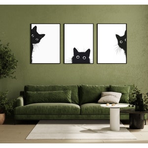 Set of 3 Peeking Black Cat Print Wall Art Poster, Black and White Cat ...
