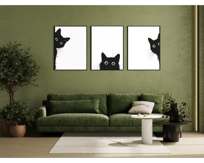 Set of 3 Peeking Black Cat Print Wall Art Poster, Black and White Cat ...