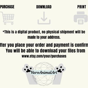May include: A digital product purchase, download, and print instructions. The text reads "This is a digital product, no physical shipment will be made to your address. After you place your order and payment is confirmed You will be able to download your files from www.etsy.com/your/purchases". The text "HeroAnimalArt" is also visible.
