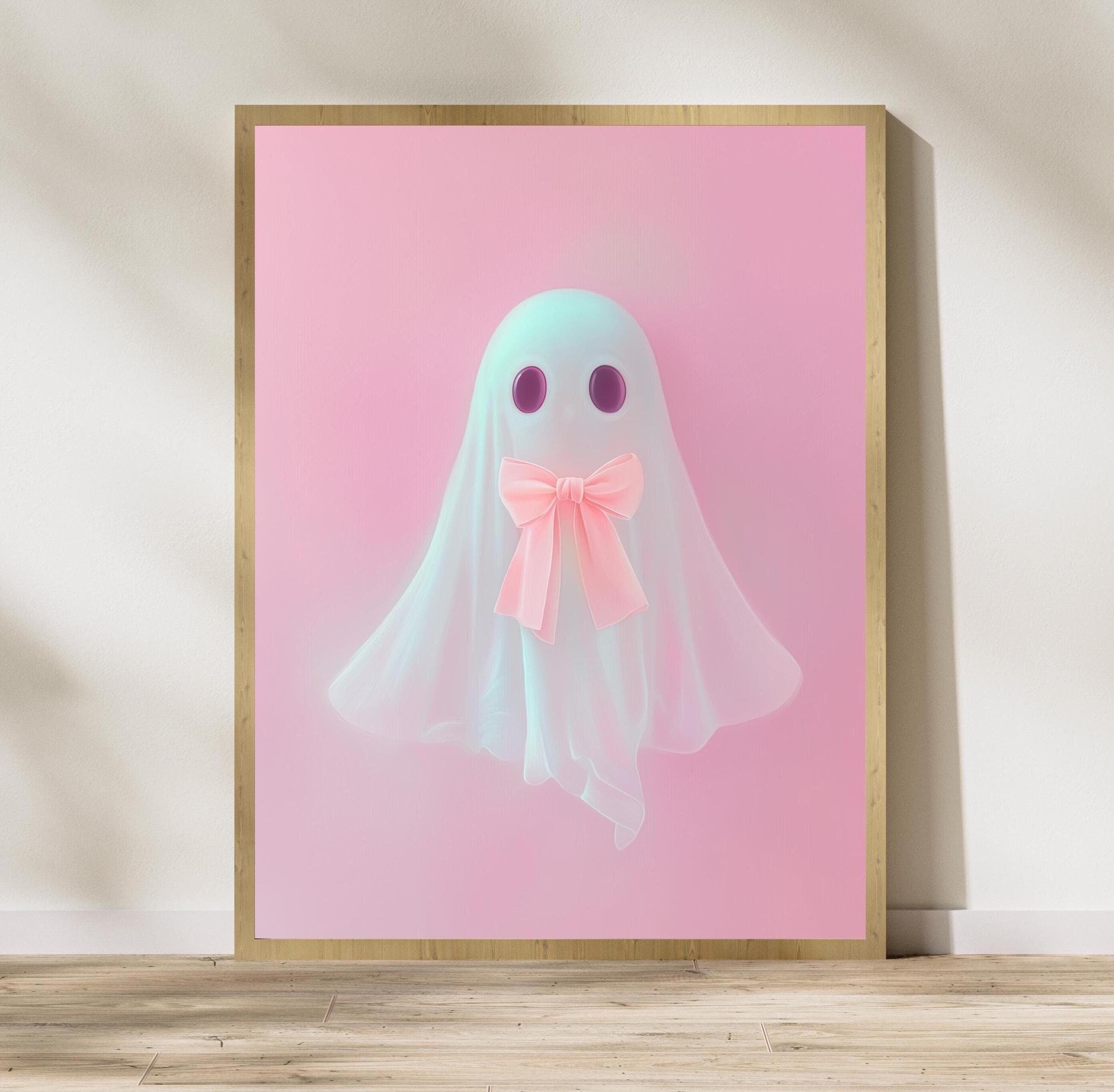 Supwhd Cute Halloween Ghosts Wall Art - 16x24 Inch Pink Bow Coquette Poster With Wooden Hanger
