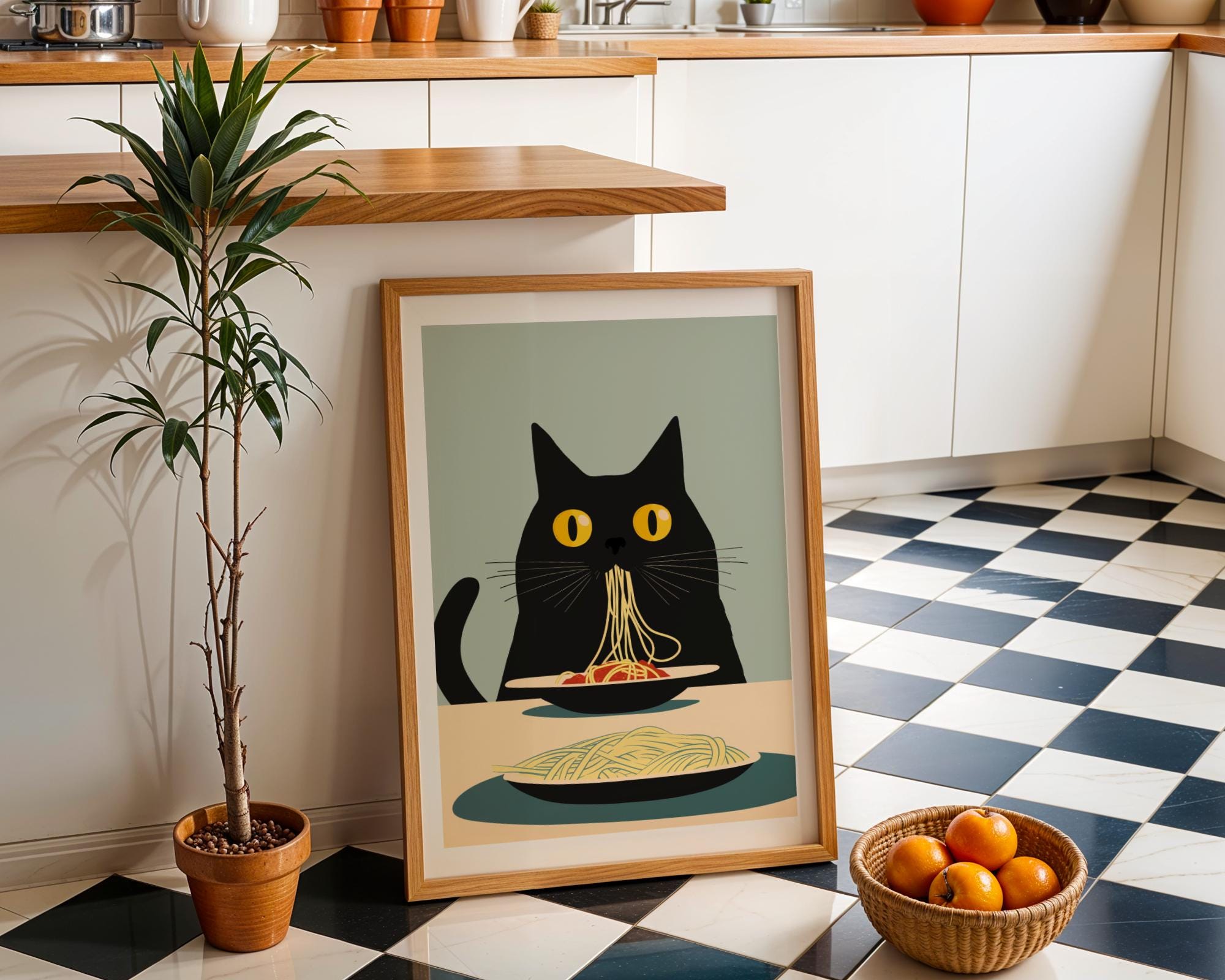 Black Cat Spaghetti Art Print, Whimsical Cat Kitchen Decor, Black Cat ...