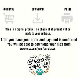 K&ouml;nnte beinhalten: Bild eines digitalen Produkts mit Symbolen f&uuml;r Kauf, Download und Druck. Der Text besagt, dass kein physischer Versand erfolgt. Enth&auml;lt die Etsy-URL f&uuml;r Downloads und das Logo von Hero Animal Art.