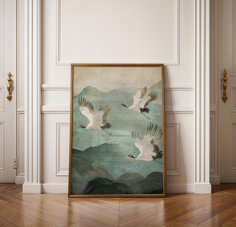 Elegant Japandi-style crane wall art in soft green tones