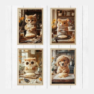 かわいい料理動物のウォールアート、キッチンウォールアートプリント、シェフアートプリントのデジタルダウンロード、気まぐれなキッチン動物、シェフ猫犬プリント