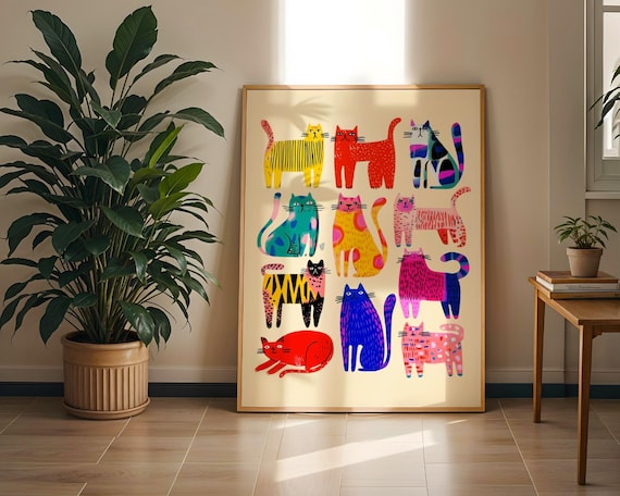 Whimsical Cat Art Print, Abstract Cat Wall Art, Modern Pop Art Cats Print, Whimsical Animal Poster, Colorful Cat Wall Art, Quirky Cat Decor