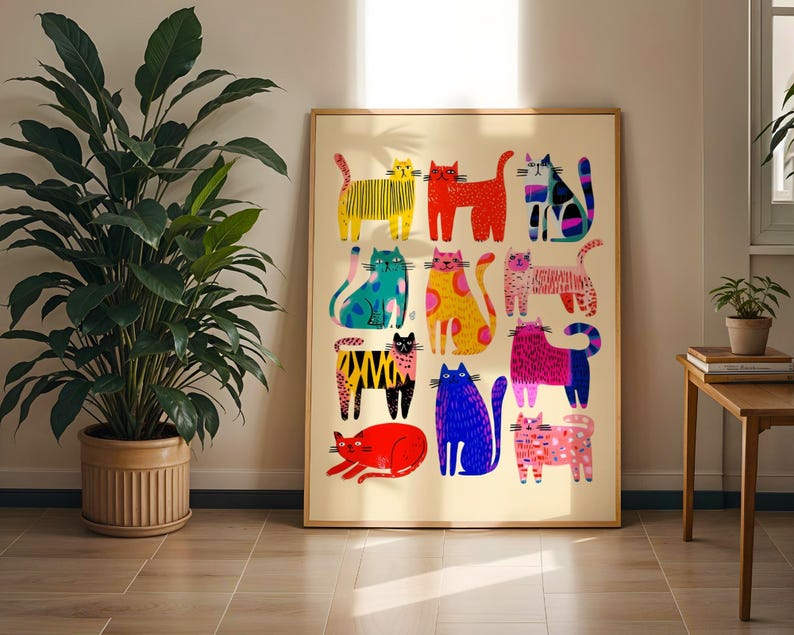Fun pop art style cat illustration for bedroom or living room