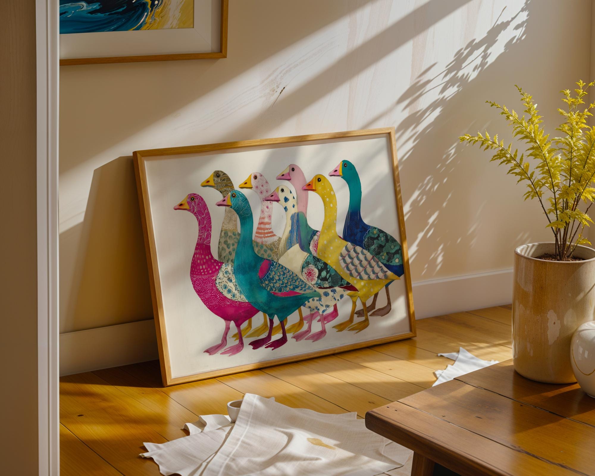 Colorful Goose Parade Art Print - Whimsical Animal Wall Decor, Funky ...