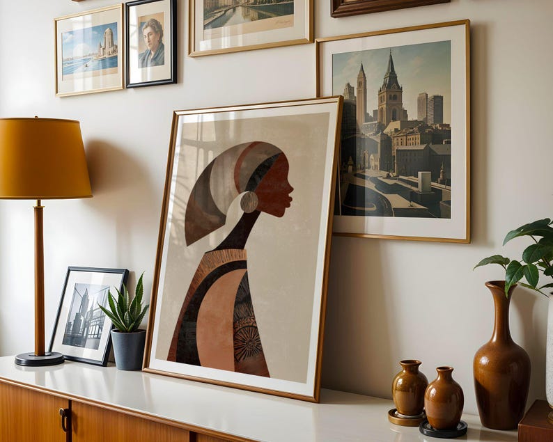 Mid century modern abstract portrait wall decor in warm neutral palette