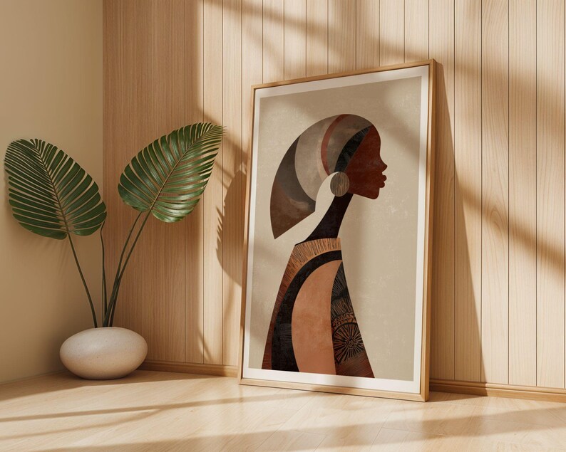 Boho geometric woman silhouette with circular earring and textured finish
