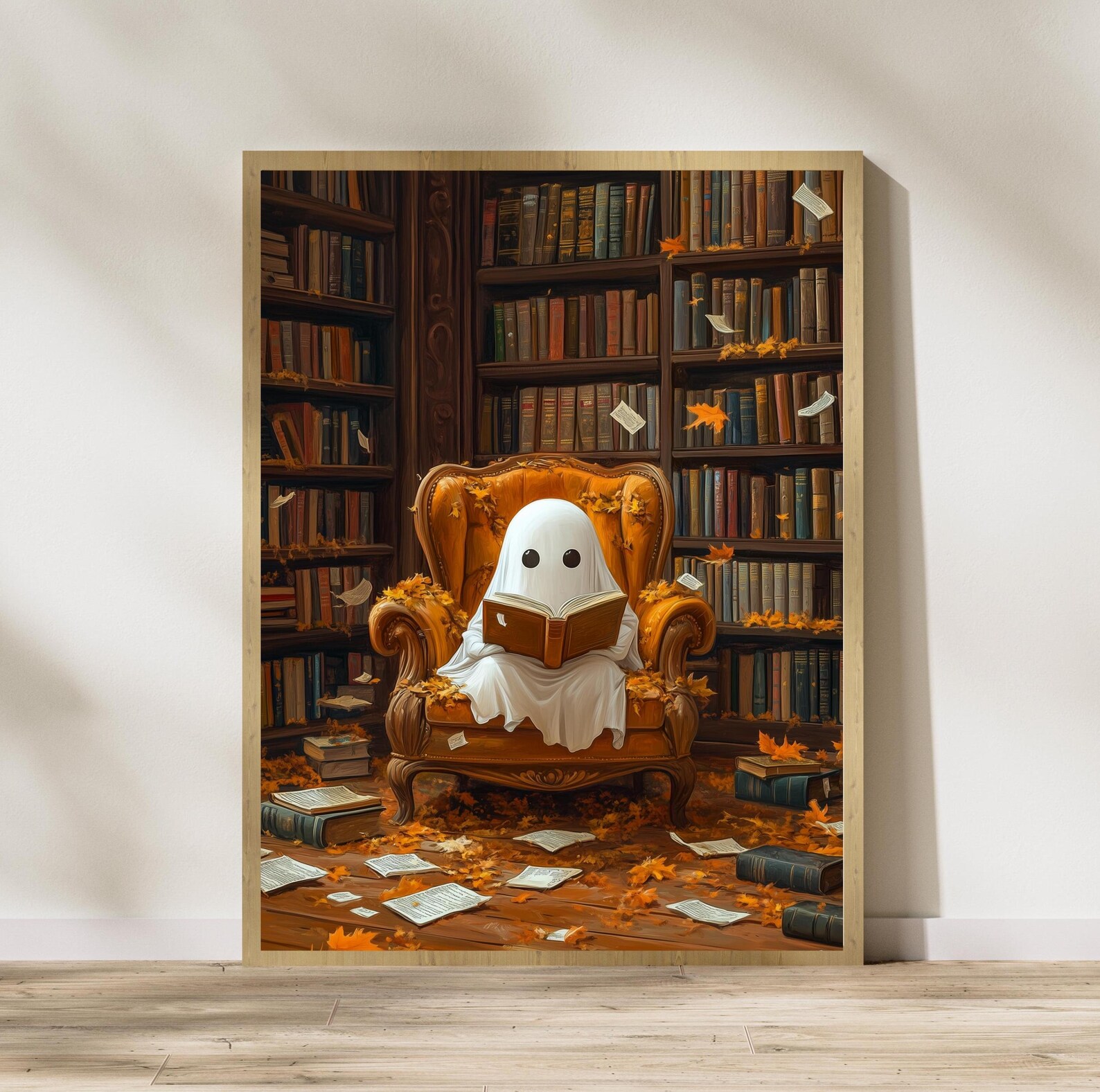 Cute Halloween Ghost Reading a Book, Whimsical Halloween Ghost Wall Art ...