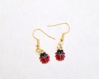 Handmade Enamel Ladybug Earrings: Gold-Plated Bug Charm Jewelry