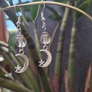 Moon and Star Dangle Earrings: Silver Celestial Jewelry, Clear Beads