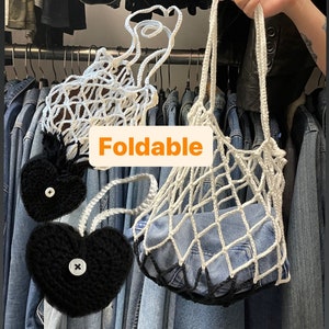 Sac de courses pliable coeur | Sac d'épicerie en filet | Sac au crochet | Cadeau fait main