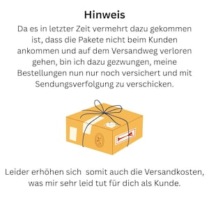 May include: A cartoon illustration of a brown cardboard box tied with a dark blue string. The box has a shipping label and a red arrow. Text in German is above and below the box.