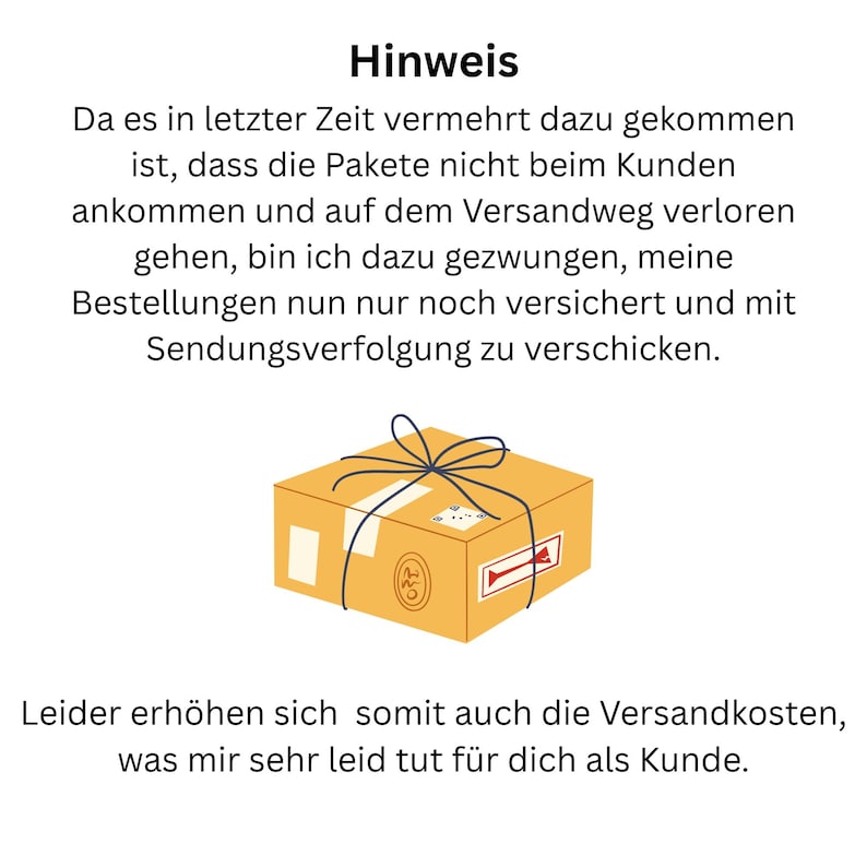May include: A cartoon illustration of a brown cardboard box tied with a dark blue string. The box has a shipping label and a red arrow. Text in German is above and below the box.