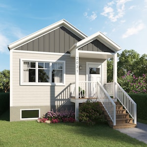 May include: A small house with a light gray exterior, white trim, and a dark gray gable. The house has a small porch with white railings and stairs. The address "2031" is displayed on the front. Landscaping includes green grass, bushes, and trees.