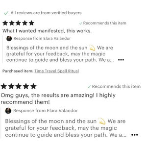 K&ouml;nnte beinhalten: Screenshot von Etsy-Produktbewertungen. Die Bewertungen stammen von verifizierten K&auml;ufern und empfehlen den Artikel. Eine Bewertung lautet: &bdquo;Was ich wollte, manifestierte sich, es funktioniert.&ldquo; Eine andere Bewertung lautet: &bdquo;Oh Leute, die Ergebnisse sind erstaunlich! Ich kann sie nur empfehlen!&ldquo;