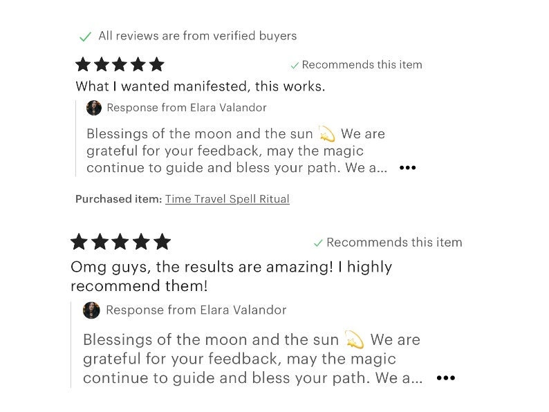 K&ouml;nnte beinhalten: Screenshot von Etsy-Produktbewertungen. Die Bewertungen stammen von verifizierten K&auml;ufern und empfehlen den Artikel. Eine Bewertung lautet: &bdquo;Was ich wollte, manifestierte sich, es funktioniert.&ldquo; Eine andere Bewertung lautet: &bdquo;Oh Leute, die Ergebnisse sind erstaunlich! Ich kann sie nur empfehlen!&ldquo;