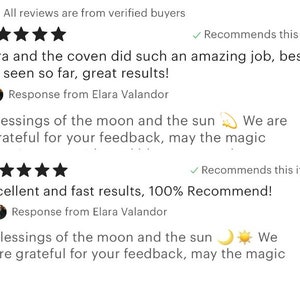 K&ouml;nnte beinhalten: Screenshot von Etsy-Kundenbewertungen. Die Bewertungen stammen von verifizierten K&auml;ufern und enthalten F&uuml;nf-Sterne-Bewertungen. Eine Bewertung erw&auml;hnt "Elara and the coven" und eine andere besagt "Hervorragende und schnelle Ergebnisse, 100% Empfehlung!"