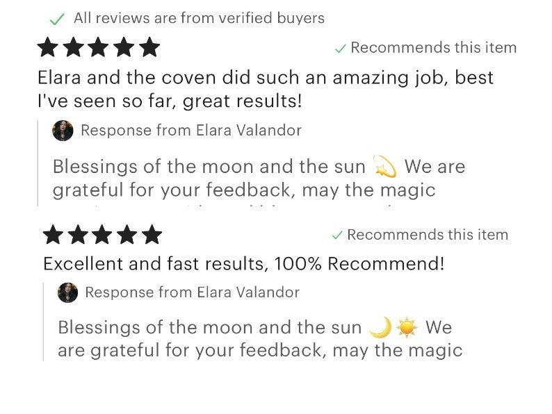K&ouml;nnte beinhalten: Screenshot von Etsy-Kundenbewertungen. Die Bewertungen stammen von verifizierten K&auml;ufern und enthalten F&uuml;nf-Sterne-Bewertungen. Eine Bewertung erw&auml;hnt "Elara and the coven" und eine andere besagt "Hervorragende und schnelle Ergebnisse, 100% Empfehlung!"