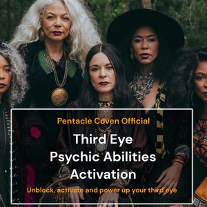 May include: Five women of colour wearing various ethnic clothing and jewellery stand in a woodland setting. A banner reads "Pentacle Coven Official Third Eye Psychic Abilities Activation Unblock, activate and power up your third eye".