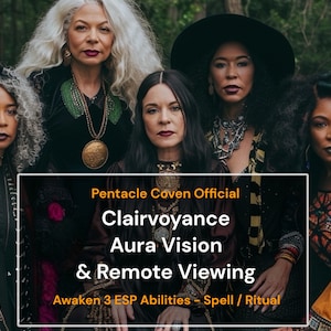 Puede incluir: Cuatro mujeres de color con diversas joyas y ropa se encuentran frente a un fondo verde. Un banner con el texto "Pentacle Coven Official Clairvoyance Aura Vision & Remote Viewing Awaken 3 ESP Abilities - Spell / Ritual" está delante de ellas.