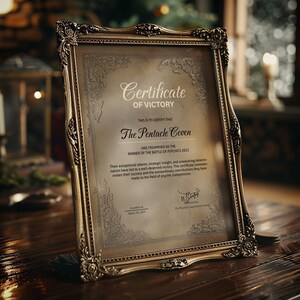 K&ouml;nnte beinhalten: Gerahmte Urkunde mit aufwendigen Golddetails. Die Urkunde tr&auml;gt die Aufschrift "Certificate of Victory" und nennt "The Pentacle Coven" als Gewinner eines Hellseher-Wettbewerbs. Der Rahmen steht auf einer dunklen Holzoberfl&auml;che.