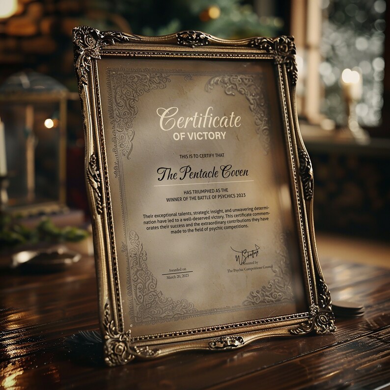 K&ouml;nnte beinhalten: Gerahmte Urkunde mit aufwendigen Golddetails. Die Urkunde tr&auml;gt die Aufschrift "Certificate of Victory" und nennt "The Pentacle Coven" als Gewinner eines Hellseher-Wettbewerbs. Der Rahmen steht auf einer dunklen Holzoberfl&auml;che.