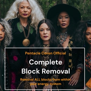 May include: Four women wearing colorful clothing and jewelry stand in a forest setting. A banner reads "Pentacle Coven Official Complete Block Removal Removal ALL blocks from within your energy system".