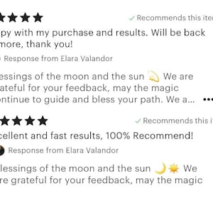 K&ouml;nnte beinhalten: Ein Screenshot von Kundenbewertungen mit F&uuml;nf-Sterne-Bewertungen. Die Bewertungen enthalten Texte wie "Happy with my purchase" und "Excellent and fast results, 100% Recommend!" Die Bewertungen stammen von Elara Valandor.
