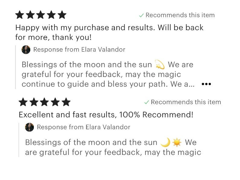 K&ouml;nnte beinhalten: Ein Screenshot von Kundenbewertungen mit F&uuml;nf-Sterne-Bewertungen. Die Bewertungen enthalten Texte wie "Happy with my purchase" und "Excellent and fast results, 100% Recommend!" Die Bewertungen stammen von Elara Valandor.