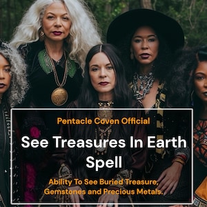 K&ouml;nnte beinhalten: Sechs Frauen mit unterschiedlichen Hautt&ouml;nen und Frisuren stehen zusammen. Das Bild enth&auml;lt den Text "Pentacle Coven Official See Treasures In Earth Spell Ability To See Buried Treasure, Gemstones and Precious Metals."