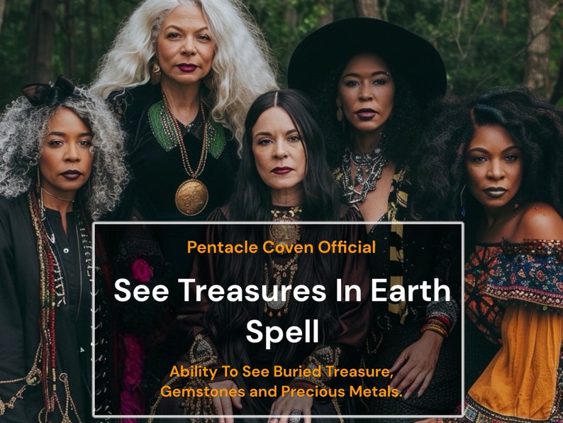 K&ouml;nnte beinhalten: Sechs Frauen mit unterschiedlichen Hautt&ouml;nen und Frisuren stehen zusammen. Das Bild enth&auml;lt den Text "Pentacle Coven Official See Treasures In Earth Spell Ability To See Buried Treasure, Gemstones and Precious Metals."