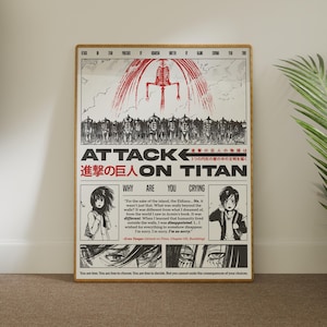 Könnte beinhalten: Ein gerahmtes Poster mit Kunstwerken aus der Anime-Serie "Attack on Titan". Das Poster hat einen weißen Hintergrund mit schwarzen und roten Illustrationen von Charakteren und Szenen. Text in Englisch und Japanisch ist enthalten. Das Poster wird an einer Wand angezeigt.