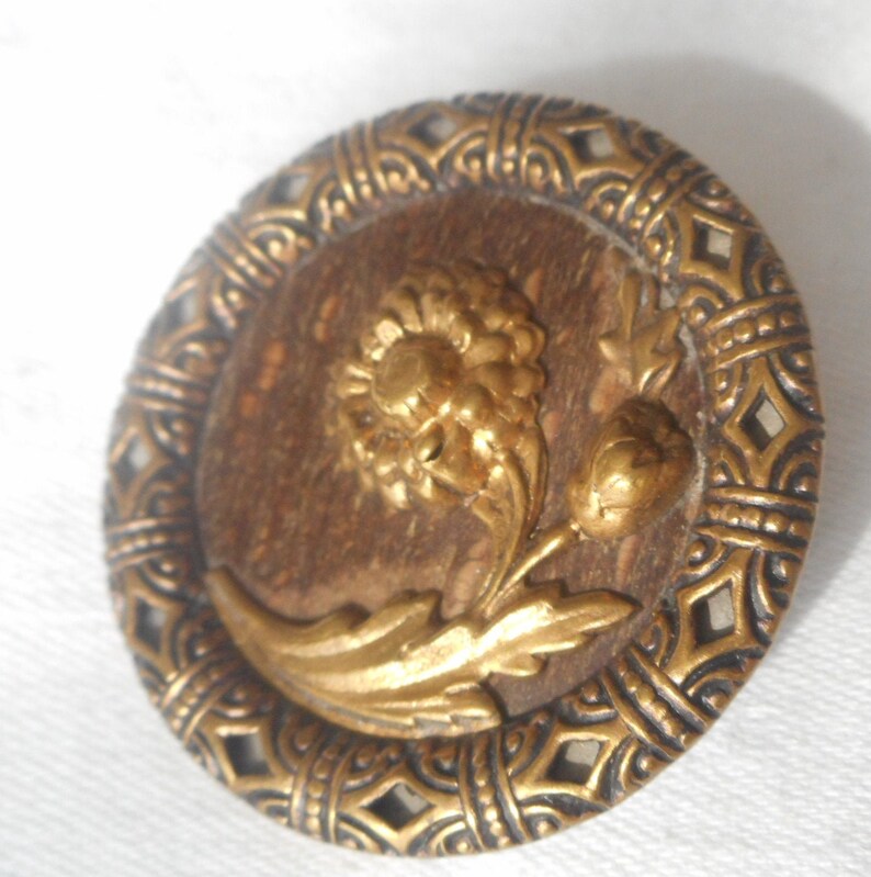 May include: A round, gold-toned button with a raised, detailed design of a flower with leaves. The button has a brown background and a decorative, patterned border.
