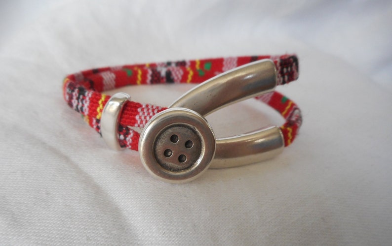 Ethnic Tribal Fabric Silver Button Hook Costume Jewelry Handmade Bracelet