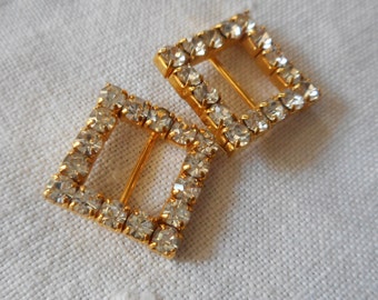 Set 2 VINTAGE 5/8” Square Prong Set Glass Rhinestone Gold Metal Baby Doll Lingerie Size Slide Sewing Supply Craft Accessory Finding Buckles