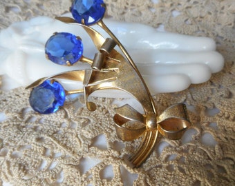 Large VINTAGE Faceted Blue Glass Flower & Sterling Gold Metal Costume Clothing Adorn Embellish JEWELRY Brooch
