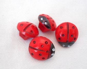 Set/ 4 VINTAGE 1/2” Realistic Red Glass Ladybug Costume Clothing Adorn Embellish Sewing Supply Craft Finding Closure Fastener BUTTONS
