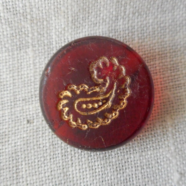 Antique Vintage 5/8” Gold Paisley Ruby Red Glass Costume Clothing Sewing Supply Adorn Embellish Craft Finding Closure Fastener BUTTON